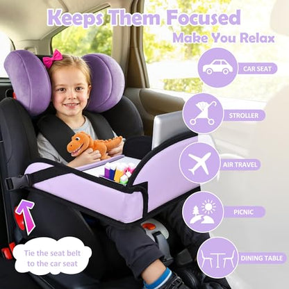 Kids Travel Tray for Toddler Carseat, Road Trip Activities Essentials for Toddler, Kids Lap Desk Tray with Tablet Holder Stand ＆ Dry Erase Board (Purple) - color: Purple