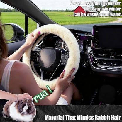 Furry Car Steering Wheel Cover, Fluffy Soft Warm Plush Non-Slip, 14 1/2-15 inch, for Women Girls, Pearl - color: single cover - pearl
