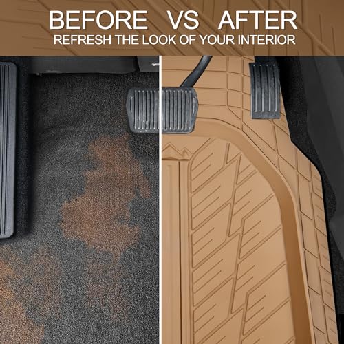 CAR PASS Tire Tread DeepDish Rubber Floor Mats for car Heavy Duty car mats All Weather, Universal XL~M Trim to Fit for Truck SUV Vehicle Automotive, Waterproof car mats 3 piece Solid Beige - color: All Beige