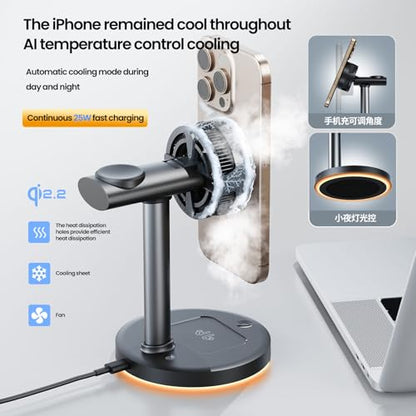 Qi2.2 Certified 25W Semiconductor Cooler Wireless Charger, 3 in 1 Charging Station with ice Block Silent Cooling Fan, Compatible with iPhone 17/16/15/14/13/12, Apple Watch, AirPods (Black) - color: black