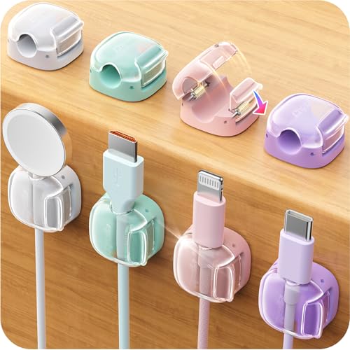 Cable Clips,8 Pack Cord Holder Cord Organizer [1s Lock & Strongest Adhesive] Spring Cord Clips Phone Charger Wire Desk Cable Management Nightstand Home Office School Decor Women Cute Desk Accessories - color: Pink/Green/Purple/White, size: 8 Pack