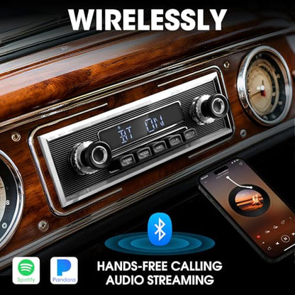 Retro Car Radio Receiver with Bluetooth: Single Din Vintage Stereo for Classic Vehicles - AM FM USB AUX Preset EQ Subwoofer Output