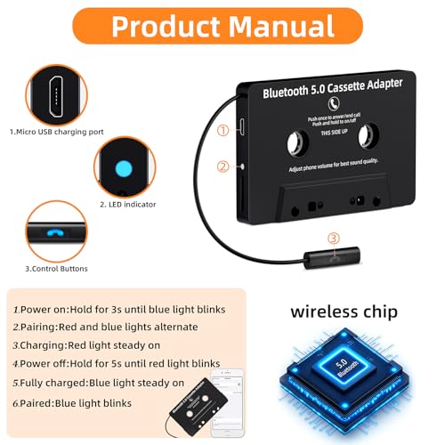 Car Audio Bluetooth 5.0 Cassette Receiver,Cassette Bluetooth Adapter for Car Tape Player, Hands-Free Calling, Stereo Two-Channel, Compatibility with Smartphones, Tablets, MP3, Black