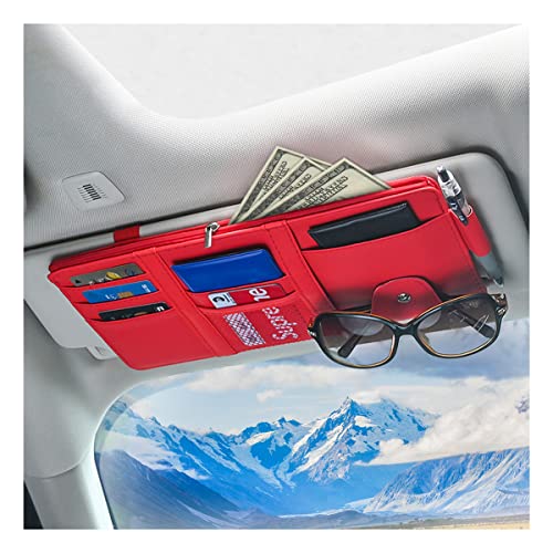 Car Sun Visor Organizer, Leather Storage Pocket Sun Visor Pouch with Zipper for Cards License Registration Pen Glasses Document, Fits Most Car SUV, Auto Interior Accessories for Men Women (Red) - color: Red