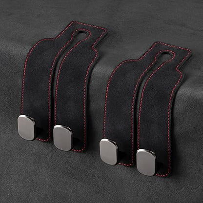 KINIVA Car Seat Headrest Storage Hooks, Set of 2, Suede PU Leather, Double Hooks (Black) - color: Black