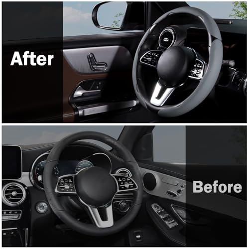Car Steering Wheel Cover Leather Snap On 3Pcs Set Non-Slip Protector Wrap Steering Wheel Accessories 14.5-15 inch Universal Gray - color: Gray