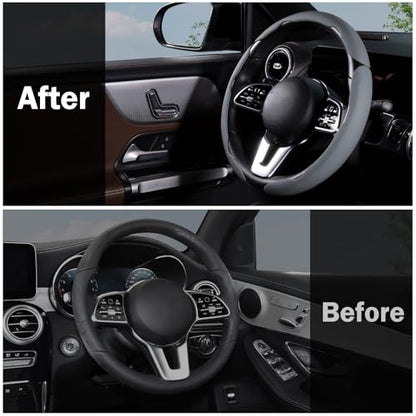 Car Steering Wheel Cover Leather Snap On 3Pcs Set Non-Slip Protector Wrap Steering Wheel Accessories 14.5-15 inch Universal Gray - color: Gray