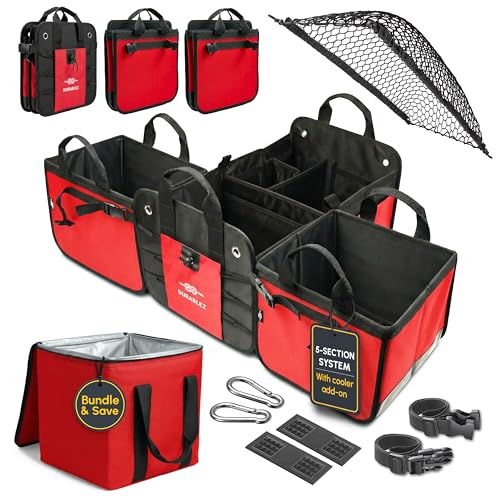 5-Section Trunk Organizer with Cooler – Extra Large Modular Car Storage System with Insulated Compartment, Foldable Multi-Module Cargo Organizer for Groceries & Travel – Red - color: red, size: 5-section XXXL