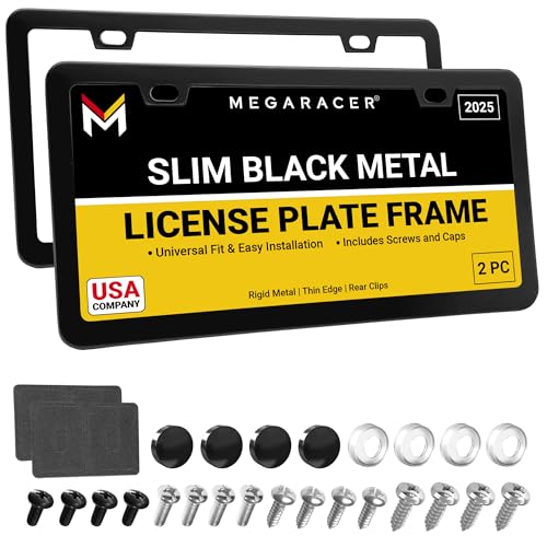 Premium Slim Matte Black License Plate Frames – 2 Pack, Rust-Free Stainless Steel & Rattle-Free, Street Legal, Universal with Screw Caps, Thin Metal Front & Rear Car Tag Holders for Men & Women - color: Black, size: 2 Piece
