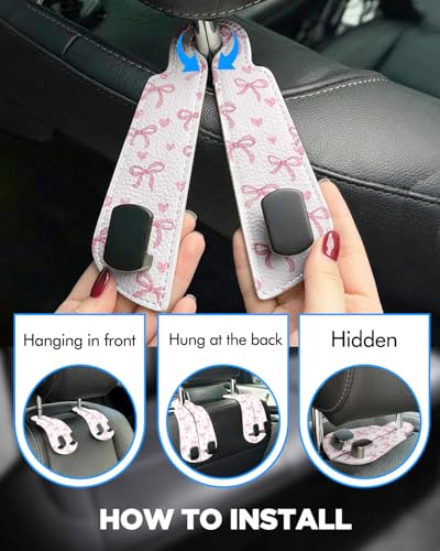 WOCOCN 2 Pack Car Purse Hook for Car Seat Headrest, Double-Sided PrintingPU Leather Purse Holder with Metal Hook, Cute Car Accessories for Women, Men (Car hook - Pink Bow A) - color: Car hook - Pink Bow A