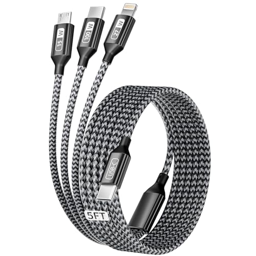 100W USB C Cable, Multi Charging Cable Fast Charging 5FT, 3 in 1 USB C Charger Cable with E-Mark Chip, Multi Charger Cord with Type-C, Micro USB, IP Port for iPhone16/15/MacBook/iPad/Samsung (1Pack) - color: Blackgrey