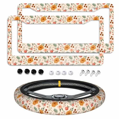 Cute Floral License Plate Frame 2pc Floral Cute License Plate Frame Florals Steering Wheel Cover Florals Steering Wheel Cover Cars Aluminum with Fits Standard Us Ca Vehicles - color: Cute Floral