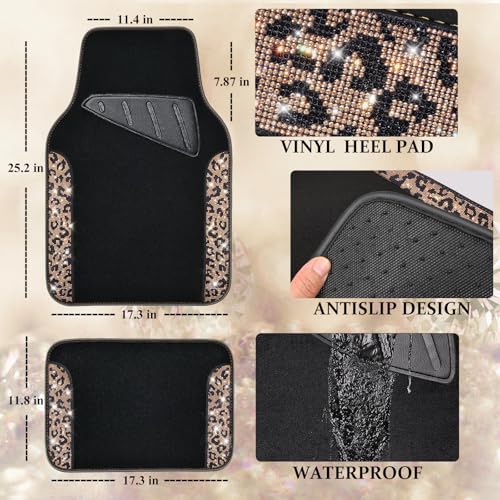 CAR PASS Bling Diamond Car Floor Mats, Shining Rhinestone Carpet Sparkly Glitter Crystal with Anti-Slip PVC Heel Pad Waterproof Universal Fit Automotive SUV,Sedan,Van,Cute Girl Women,4pcs Gold Leopard - color: Gold Leopard