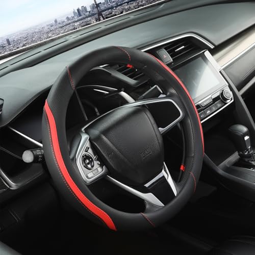 Car Steering Wheel Cover, Leather Steering Wheel Cover Red Universal 14.5-15 Inch Microfiber Leather Anti-Slip Breathable Auto Steering Wheel Covers for Men Women (Black&Red) - color: Red