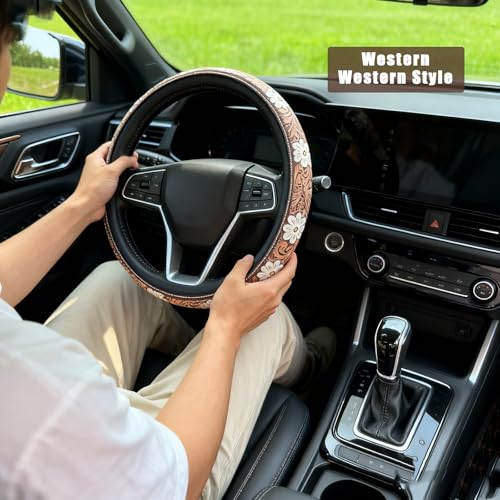 Western Cowboy Steering Wheel Cover Leather, Retro Car Tooled Leather Steering Wheel Cover, Embossed Hand-Painted Universal Anti-Slip - color: C Color