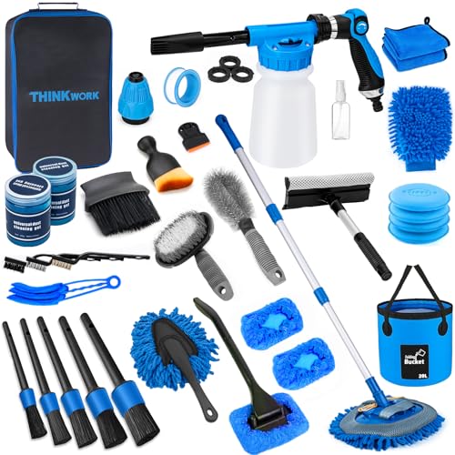 THINKWORK Car Wash Kit, Car Detailing Kit with Foam Gun, Car Wash Brush Mop and Large Folding Bucket Suitable for Car Cleaning, Blue Car Wash Set Gift for Men and Women - color: Blue(33PCS)