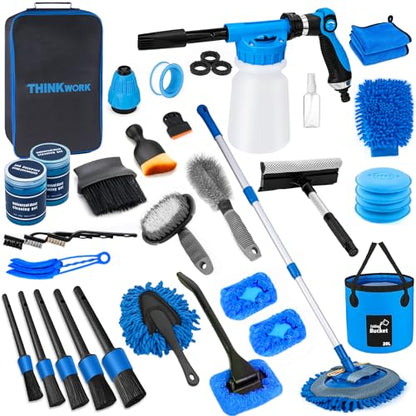 THINKWORK Car Wash Kit, Car Detailing Kit with Foam Gun, Car Wash Brush Mop and Large Folding Bucket Suitable for Car Cleaning, Blue Car Wash Set Gift for Men and Women - color: Blue(33PCS)