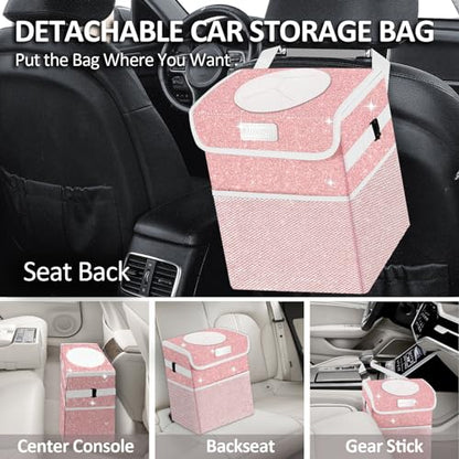 Cute Mini Car Trash Bag with Lid, Glitter Garbage Can Bin Hanging for Back/Front Seat/Console, Waterproof, Leakproof, 2.5 Gallon, Pink Bling Sparkly - color: Pink Bling Sparkly