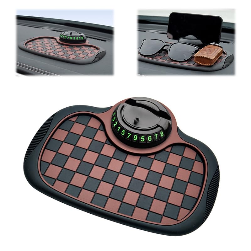 Universal Anti-Slip Car Dashboard Mat, 2026 New 360° Rotatable Phone Holder Dashboard Pad with Temporary Parking Number, Anti Skid Organizer for Phone Sunglasses Keys (Brown Black) - color: Brown Black