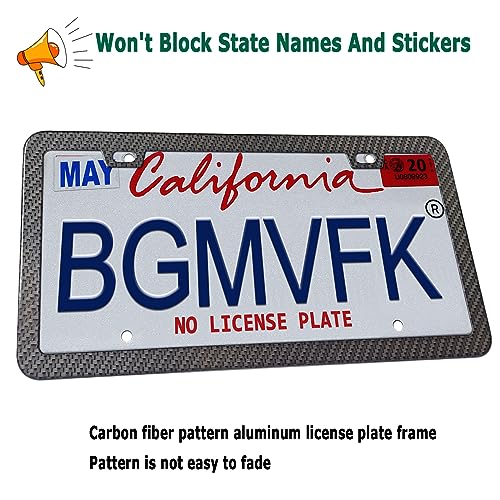 BGMVFK Black Carbon Fiber License Plate Frame- Rust Proof Aluminum Slim Car Tag Holder, Heavy Duty Plate Mount Kit- Screws, Caps Cover, Rattle Proof Pads, 2 Pack for Front & Rear