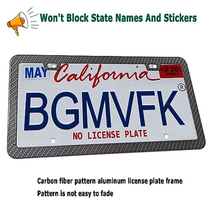 BGMVFK Black Carbon Fiber License Plate Frame- Rust Proof Aluminum Slim Car Tag Holder, Heavy Duty Plate Mount Kit- Screws, Caps Cover, Rattle Proof Pads, 2 Pack for Front & Rear