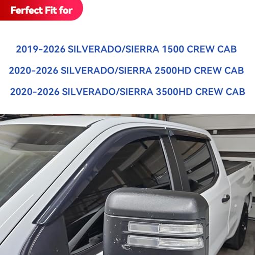 Window Visors Rain Guards for 2019-2026 Chevy Silverado/GMC Sierra 1500 Crew Cab, Out-Channel Window Vent Wind Deflectors Visors Shades for 20-26 Silverado/Sierra 2500HD 3500HD Crew Cab - size: 2019-2024 Silverado/Sierra 1500 Crew Cab