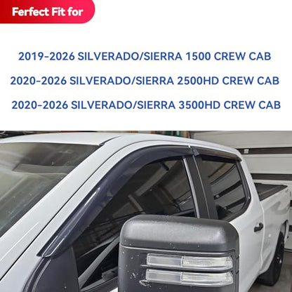Window Visors Rain Guards for 2019-2026 Chevy Silverado/GMC Sierra 1500 Crew Cab, Out-Channel Window Vent Wind Deflectors Visors Shades for 20-26 Silverado/Sierra 2500HD 3500HD Crew Cab - size: 2019-2024 Silverado/Sierra 1500 Crew Cab