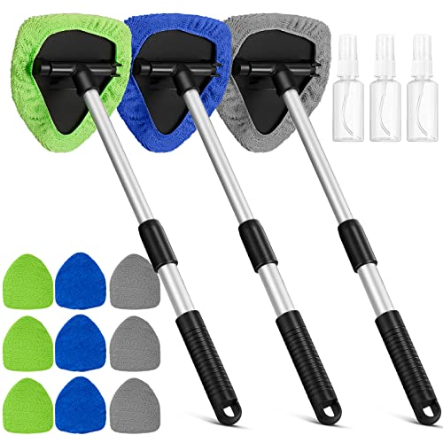 Tallew 3 Pcs Microfiber Car Windshield Cleaner Tool Car Interior Detailing Cleaning Kit with Extendable Handle and 9 Reusable Microfiber Pads Auto Glass Wiper Window Cleaning Kit for Home