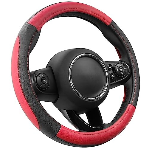 SEG Direct Car Steering Wheel Cover for Prius Civic Model 3 Model Y Camaro, Small Size 14-14.25 inch, Black and Red Microfiber Leather - color: Black and Red, size: Small size[14''-14 1/4'']
