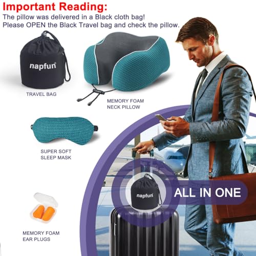 napfun Neck Pillow for Travel with Travel Pouch, Sleep Mask & Earplugs, Memory Foam Airplane Pillow for Headrest Sleep with Eyeshades, Plane Essentials with Eye Blindfold, Teal Striped Kit - color: Teal Striped Kit