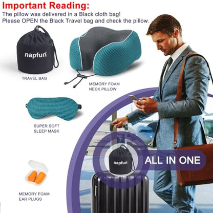 napfun Neck Pillow for Travel with Travel Pouch, Sleep Mask & Earplugs, Memory Foam Airplane Pillow for Headrest Sleep with Eyeshades, Plane Essentials with Eye Blindfold, Teal Striped Kit - color: Teal Striped Kit