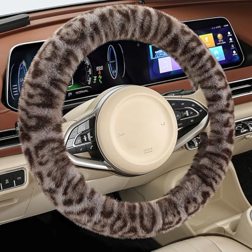 Fluffy Cheetah Car Steering Wheel Cover Luxurious Faux Fur Leopard Print Cute Wheel Protector Universal 15 Inch Fit for Vehicle, Car, Auto, SUV Winter Warm (Gray) - color: Gray