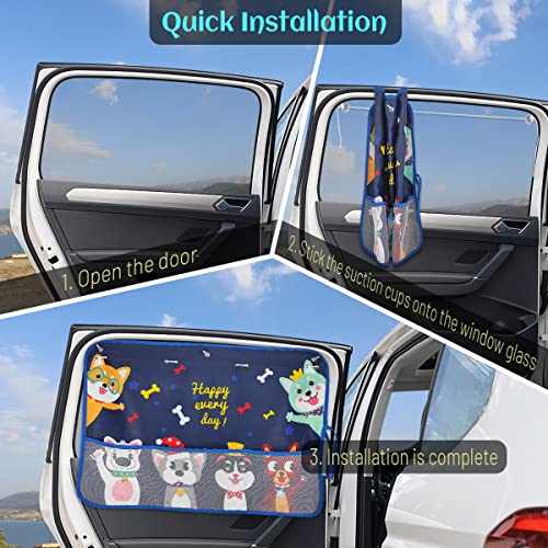 DIZA100 2 Pack Car Window Shade for Baby, Blackout Car Sun Shades with Storage Pockets, 7 Suction Cups, Blue, Cute Patterns for Sun/Heat/UV Rays Protection, Standard Passenger Cars - color: Blue-Cute Dogs 2PC
