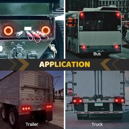 2pcs Smoked Lens 4 inch Round Red 64 LEDs Trailer Trucks Halo Brake Stop Running Turn Signal Tail Lights w/Rubber Grommet Sealed Waterproof IP67 For RV/Van, DC 12V