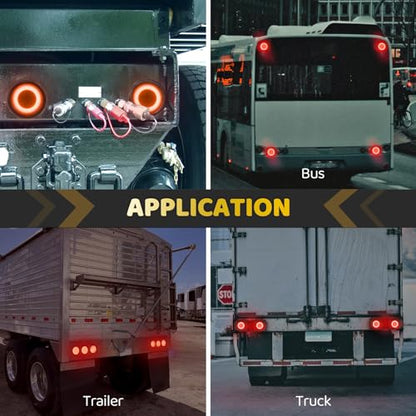 2pcs Smoked Lens 4 inch Round Red 64 LEDs Trailer Trucks Halo Brake Stop Running Turn Signal Tail Lights w/Rubber Grommet Sealed Waterproof IP67 For RV/Van, DC 12V