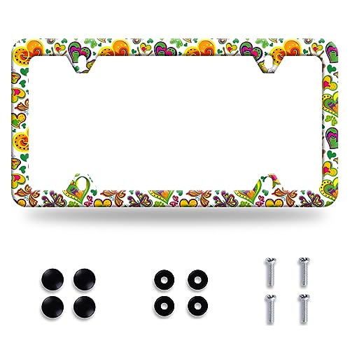 Butterfly License Plate Frame Colorful Hippie Hearts Butterflies License Plate Funny Stainless Steel Auto Parts Beautiful License Plate Decoration Holes Screws Size 12.3" x 6.3" - color: Colorful Butterfly Hippie Hearts