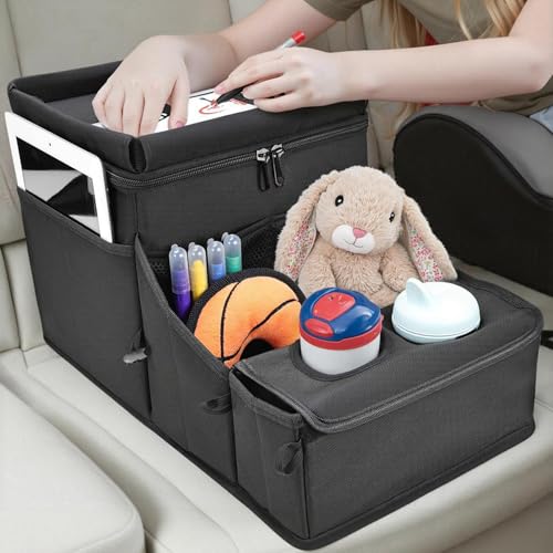 Car organizer for kids ，Backseat Organizer for Kids and Passenger Seat Organizer for Adults ，Car Seat Cooler and Warmer with Cup Holders and Convertible Tray Lid(Black) - color: Black