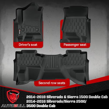 Floor Mats Compatible with 2014-2018 Chevrolet Silverado & GMC Sierra 1500 2500 3500 Double Cab, All Weather TPE Floor Liners, Custom Fit Car mats, 1st & 2nd Row, Black - style: Chevrolet Silverado 2014-2018 Double Cab