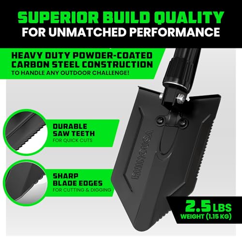 RHINO USA Folding Survival Shovel w/Pick - Heavy Duty Carbon Steel Military Style Entrenching Tool for Off Road, Camping, Gardening, Beach, Digging Dirt, Sand, Mud & Snow. - size: Military 22" E-tool