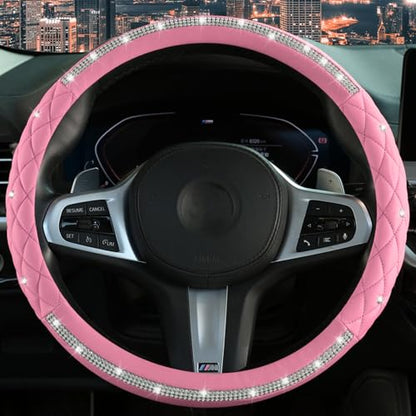 Diamond Steering Wheel Cover，14.5-15 Inch Car Steering Wheel Cover with Bling Crystal Rhinestone，Delicate and Anti-Slip Sparkly Car Wheel Protector for Women Girl，Pink - color: Pink