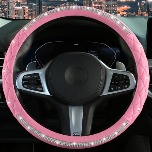 Diamond Steering Wheel Cover，14.5-15 Inch Car Steering Wheel Cover with Bling Crystal Rhinestone，Delicate and Anti-Slip Sparkly Car Wheel Protector for Women Girl，Pink - color: Pink