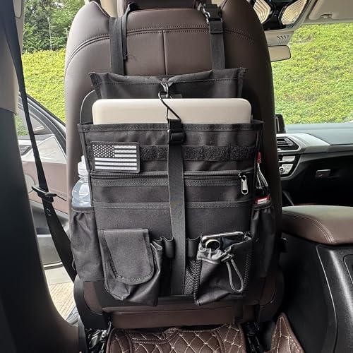 Front & Seat back organizer with dedicated tablet and 15.6 IN laptop storage stabilizers external stabilizing side straps soft adjustable shoulder straps hardened buckle (Black) - color: Black