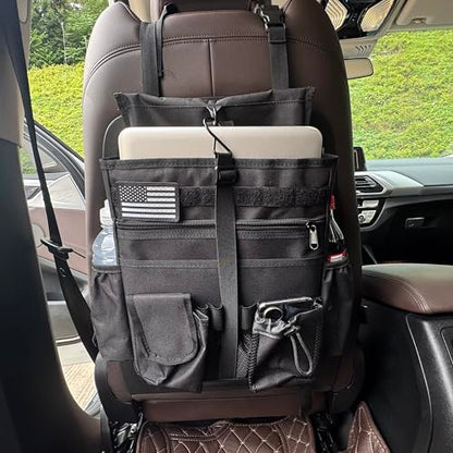 Front & Seat back organizer with dedicated tablet and 15.6 IN laptop storage stabilizers external stabilizing side straps soft adjustable shoulder straps hardened buckle (Black) - color: Black