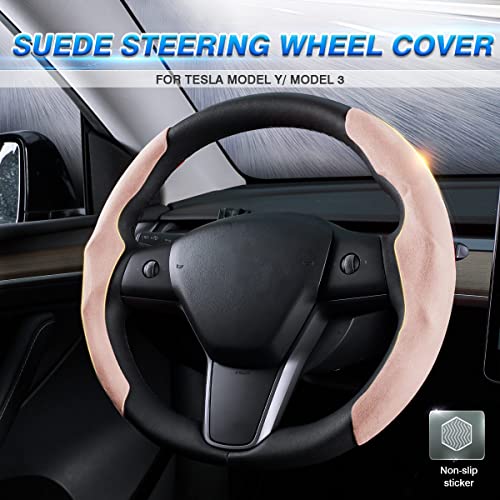 Shademax Custom-Fit for Tesla Steering Wheel Cover, Tesla Model Y / 3 2017-2025 2026 (Fit Model Y Juniper 2026/ Model 3 Highland) Suede Steering Wheel Cover for Tesla Model Y / 3 Accessories (Pink) - color: Pink