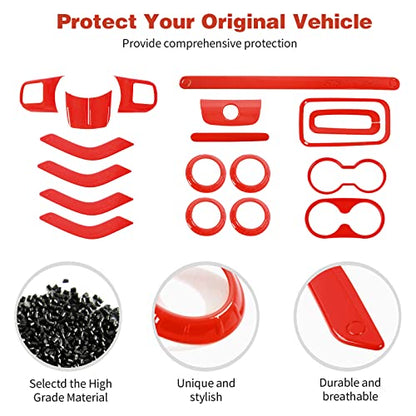 CheroCar 18PCS Interior Trim Kit for Jeep Wrangler JK JKU 2011-2018 4 Door,Steering Button Frame, Air Conditioning Vent Trim Cup Holder Cover,Gear Shift Knobs Frame,Red… - color: Red