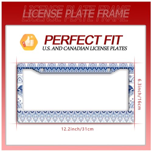 Blue White Boho License Plate Frame Mandala License Plate Holders Funny Stainless Steel Auto Accessory 2 Hole with Screws Universal Us Car License Plate Frames 6.3x12.3 Inch - color: Blue White Boho Mandala