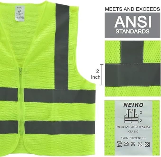 Neiko High Visibility Safety Vest ANSI Class 2, No Pocket, Neon Yellow, Medium (M) - size: Medium, style: Mesh