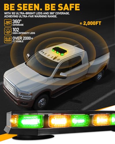 HLauto 406D Rooftop Emergency Strobe Lights Bar, 102 LED Amber Green Mini Beacon Safety Flashing Warning Traffic Lights Bar w/Magnetic Base for 12-24V Trucks, Construction Vehicles, Snowplow, Cars - color: Amber/Green