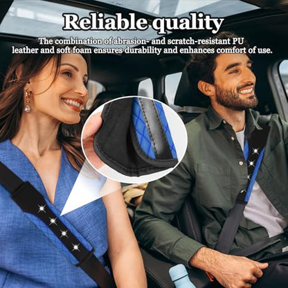 Hovom 2PCS Bling Car Seat Belt Cover Pad, Leather Seatbelt Covers for Cars, Soft Safety Seatbelt Shoulder Strap Covers, Rhinestone Auto Seat Belt Protector Cushion for Women Girls (Blue) - color: Blue