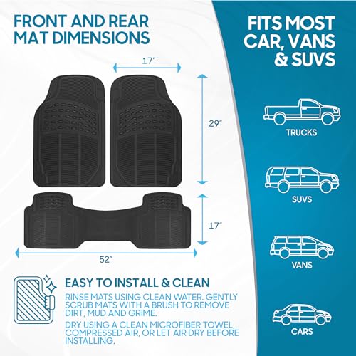 BDK M783 DuraChannel Heavy Duty Rubber Car Floor Mats Liner for Auto - All Weather 3 Piece Set Front & Rear, Fits Car Truck SUV Van, Universal Trim to Fit - color: Black